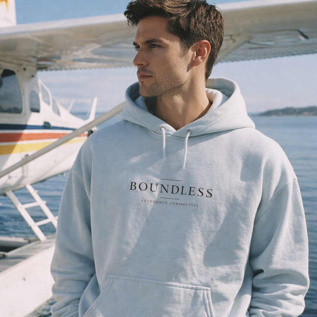 Boundless fleece hoodie worn by a male model — exact print