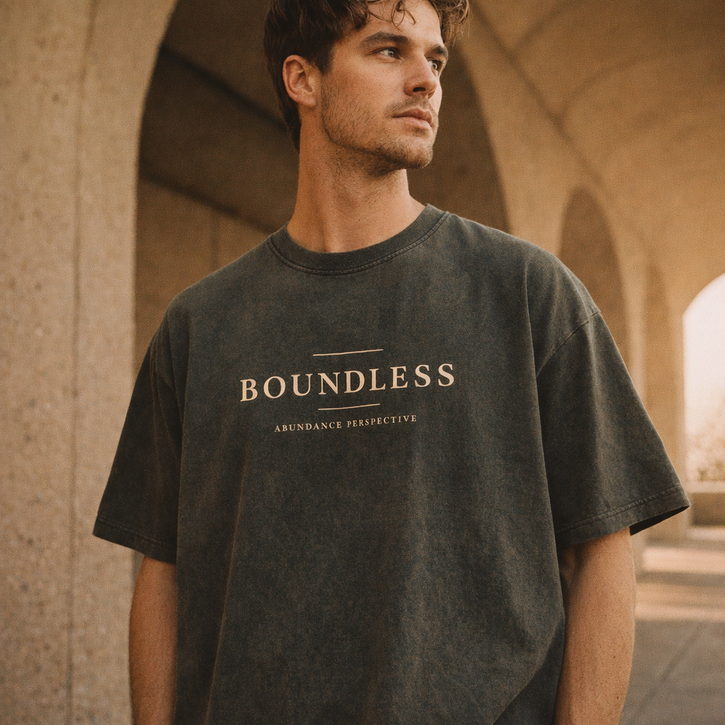 Boundless snow-washed tee worn by a male model — exact print