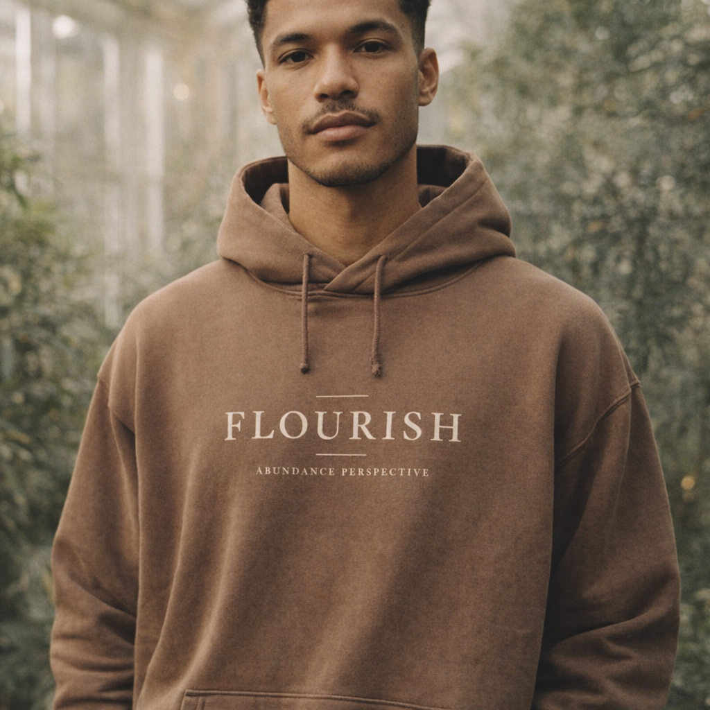 Flourish fleece hoodie worn by a male model — exact print
