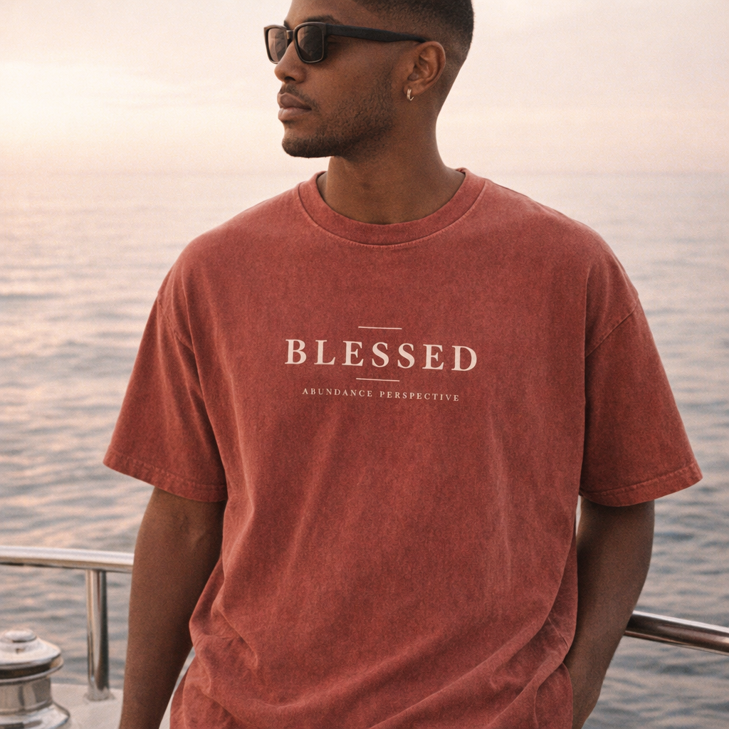 Blessed snow-washed tee worn by a male model — exact print