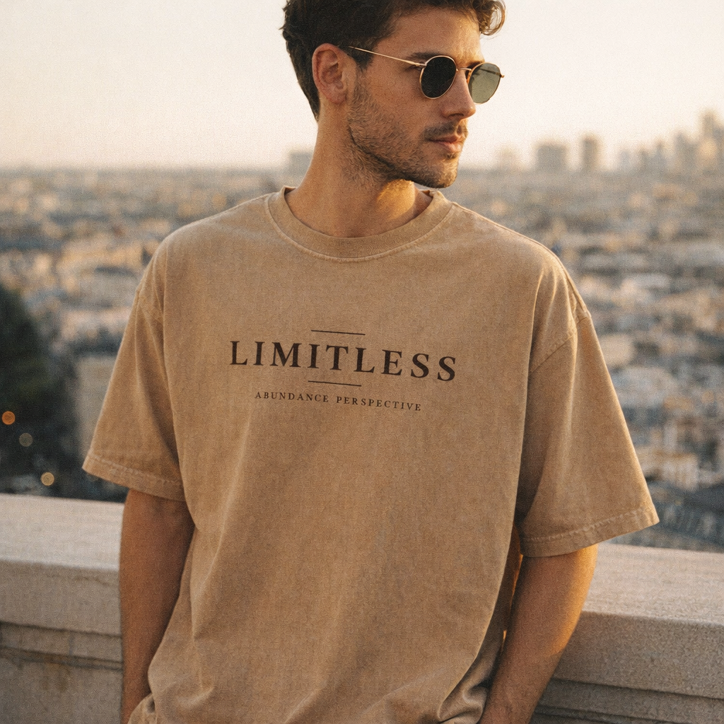 Limitless snow-washed tee worn by a male model — exact print