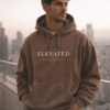 Elevated fleece hoodie worn by a male model — exact print