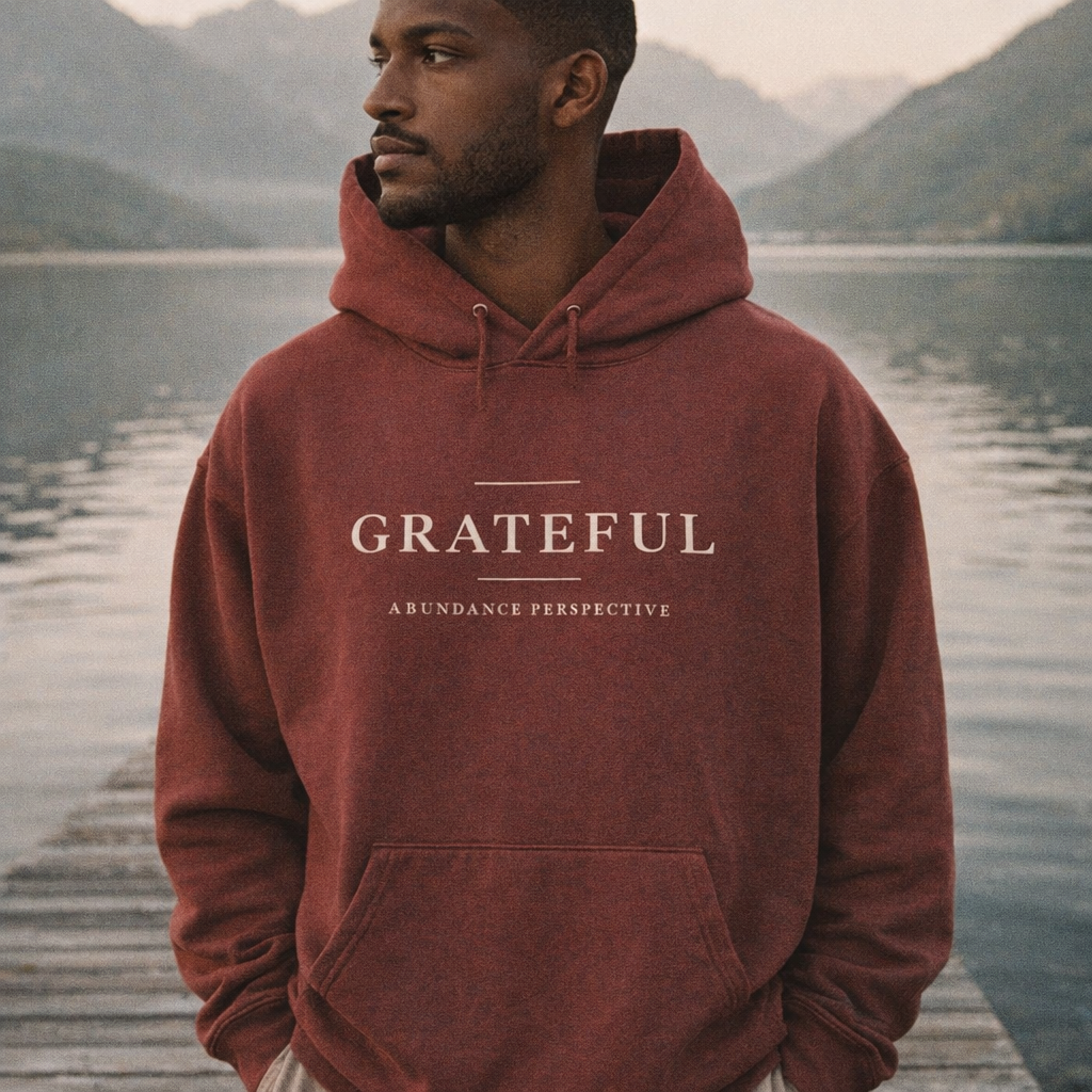 Grateful fleece hoodie worn in a modern luxury setting