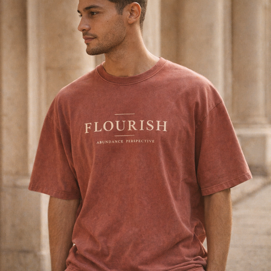 Flourish snow-washed tee worn by a male model — exact print
