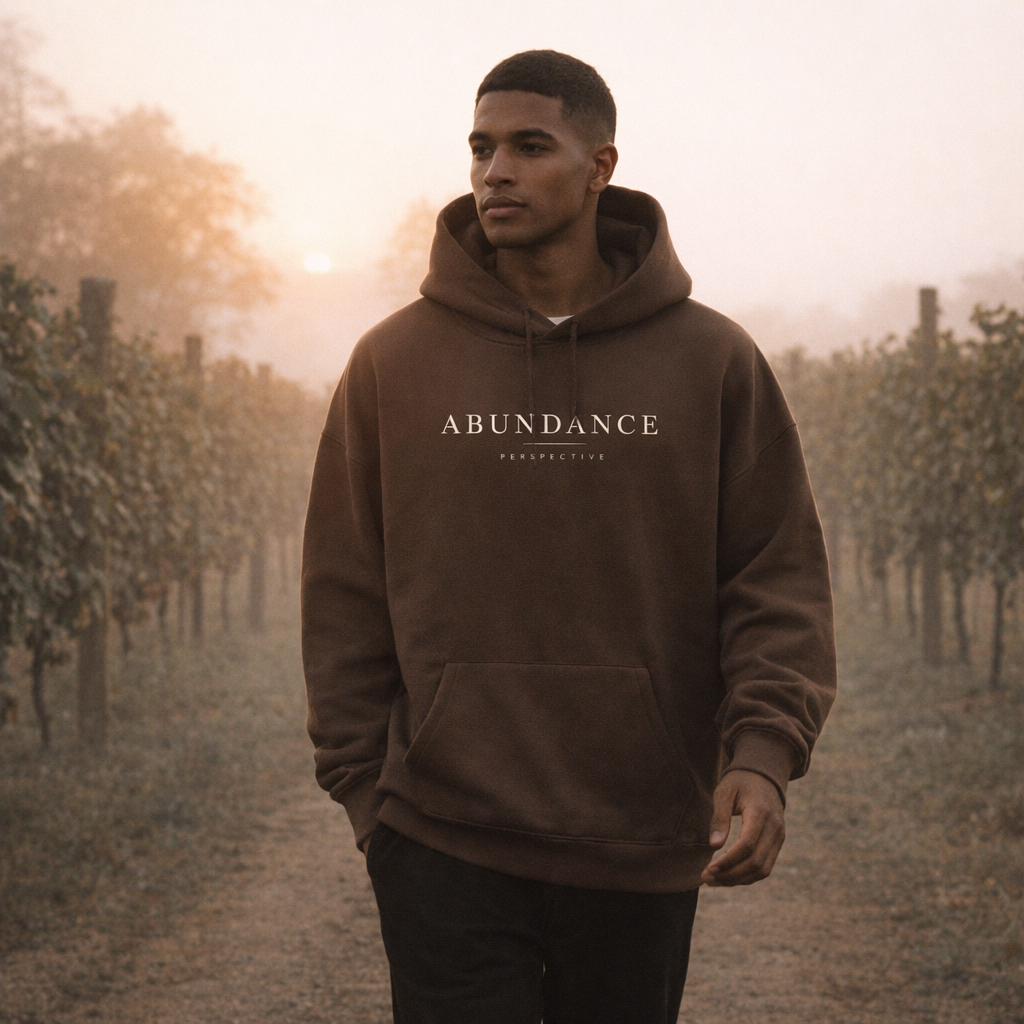 Abundance fleece hoodie worn by a male model — exact print