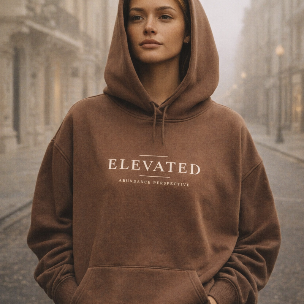Elevated fleece hoodie worn — exact print