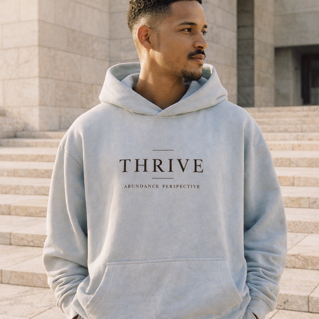 Thrive fleece hoodie worn by a male model — exact print