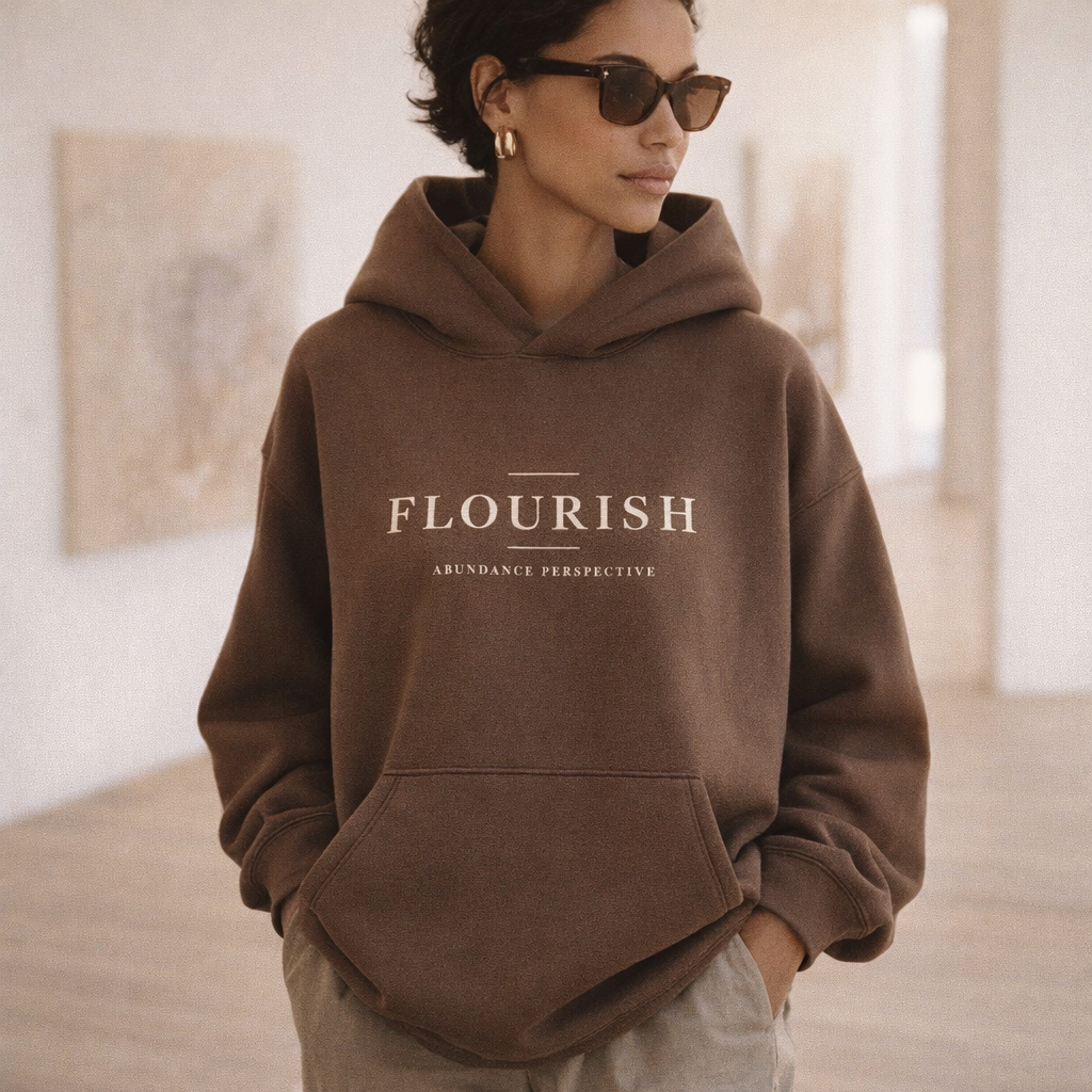Flourish fleece hoodie worn — exact print