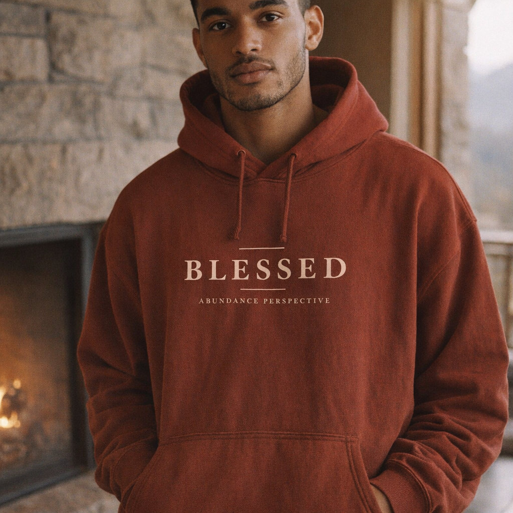 Blessed fleece hoodie worn by a male model — exact print