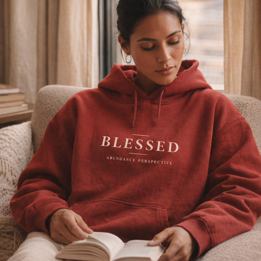Blessed fleece hoodie worn — exact print